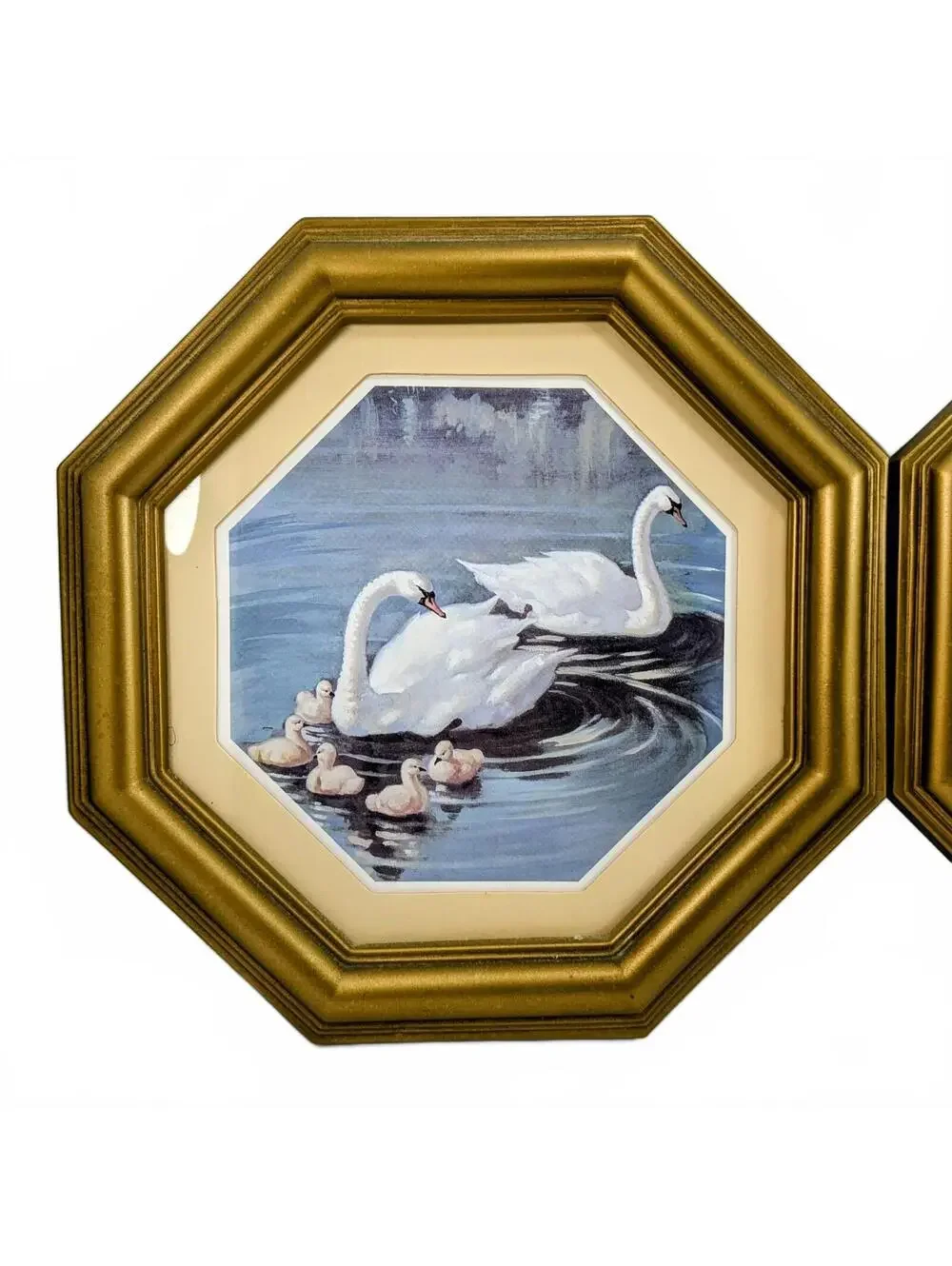 Vtg Homco Octogonal Framed Swan & Chicks Art - Set of 2